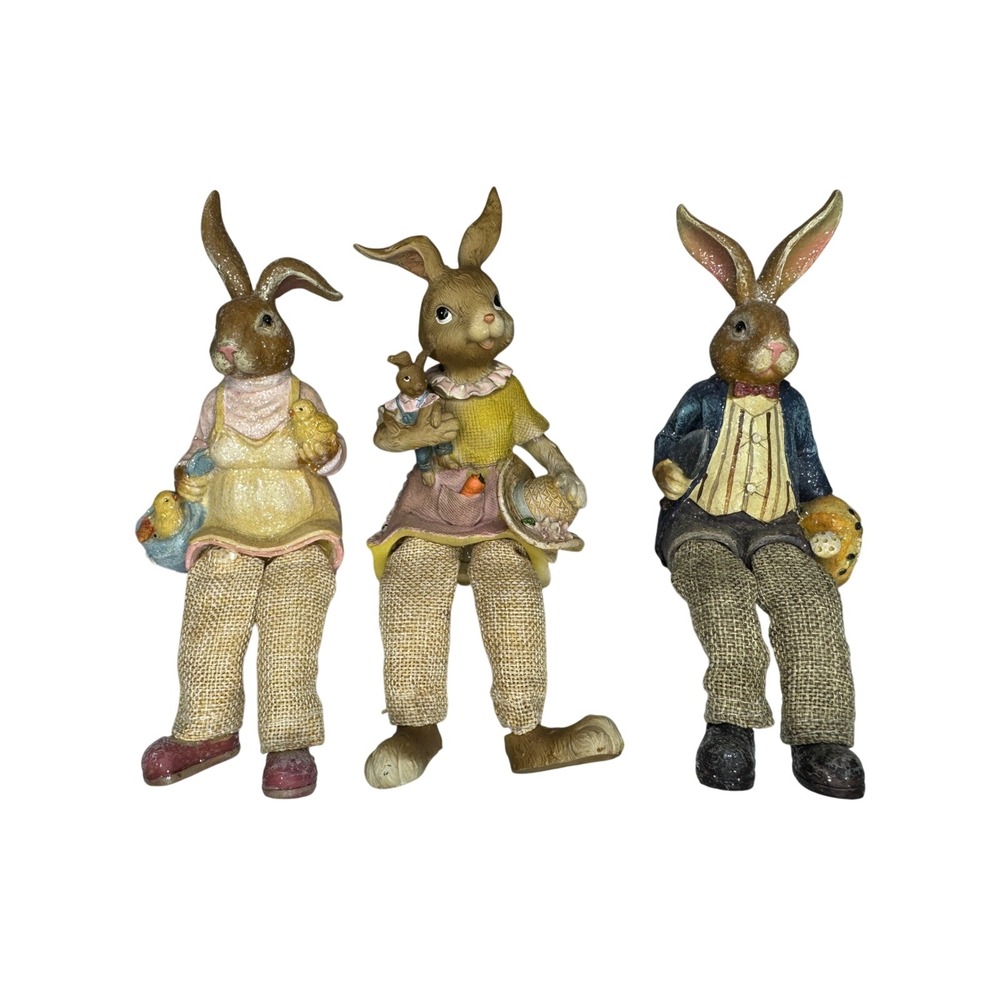 Easter Bunny‎ Shelf Sitter Set 3pc Multicolor Spring Decor Resin Burlap